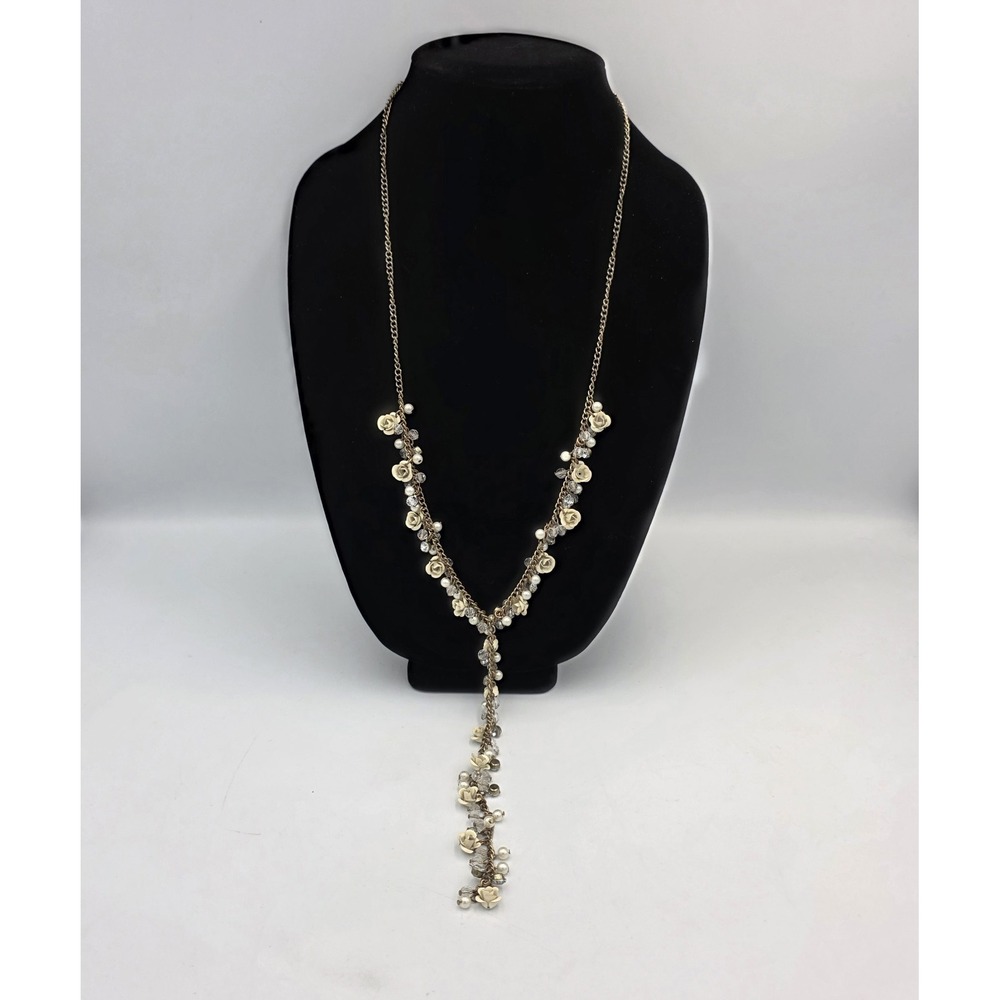 Y- Necklace Faux Pearls Crystals Metal White Roses Goldtone 19.5" Cluster Lariat